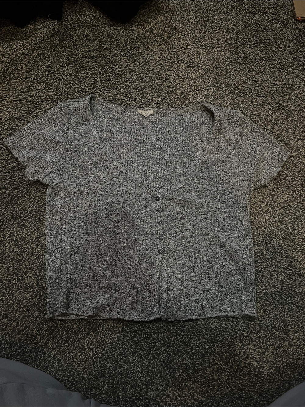 Garage Gray Short Sleeve Button Crop Top scallop edge